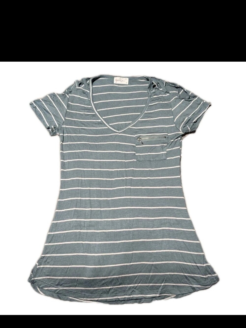 Glitz Top Women's Army Green & White Stripped T-Shirt  Short Sleeve  V-Neck